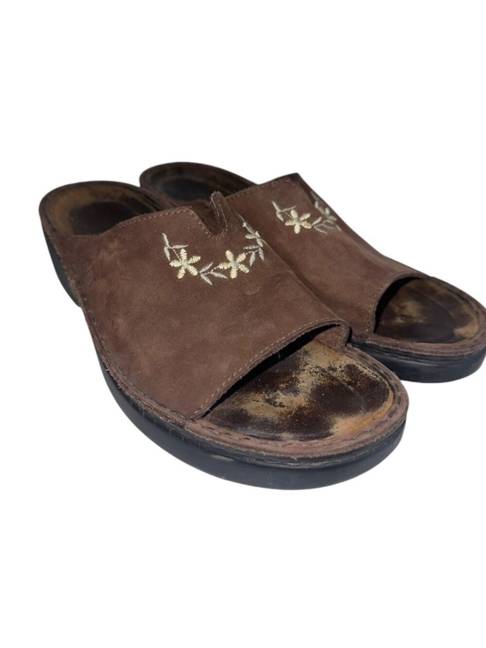 Naot Brown Leather Floral Embroidered Slide Sandals Womens 40 Or 9 Wedge